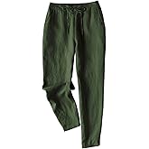 IXIMO Women's Tapered Pants 100% Linen Drawstring Back Elastic Waist Ankle Length Pants