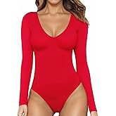 MANGOPOP Women's Long Sleeve Short Sleeve Bodysuit Sexy V Neck Body Suits Fitted Fall Going Out Tops