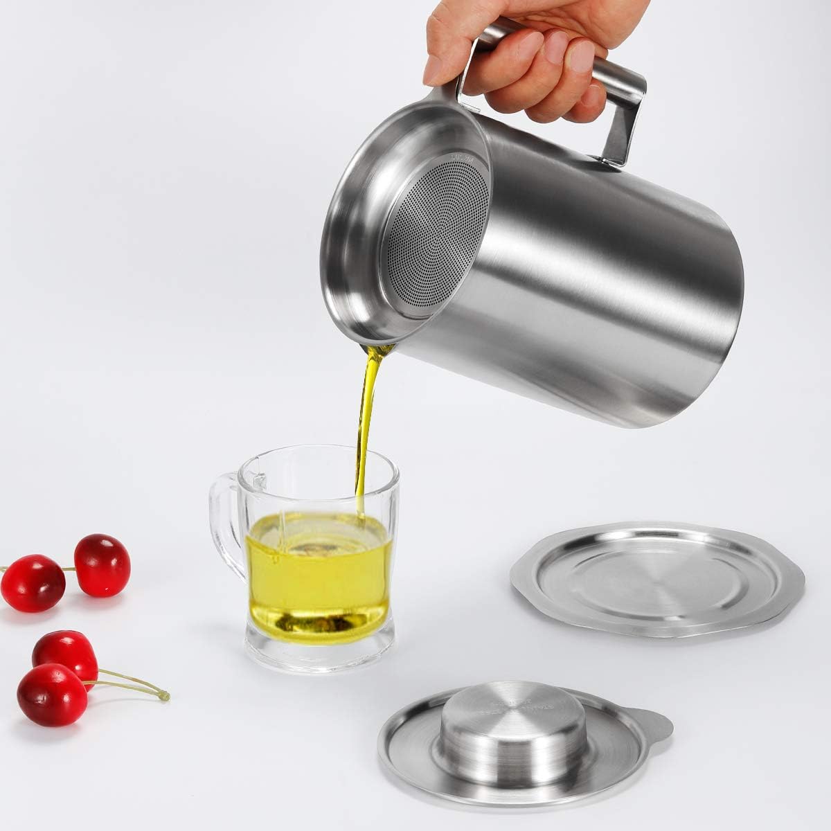 Food Grade Stainless Steel Bacon Grease Container with Strainer, 1.8L /1.9 Quart Oil Pot Cooking Oil Filter Keeper Storage Can for Bacon, Kitchen Cooking or Frying Oil