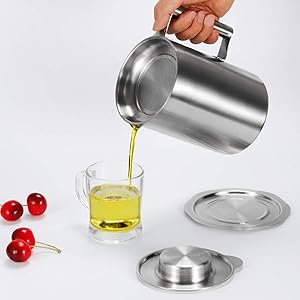 Food Grade Stainless Steel Bacon Grease Container with Strainer, 1.8L /1.9 Quart Oil Pot Cooking Oil Filter Keeper Storage Can for Bacon, Kitchen Cooking or Frying Oil