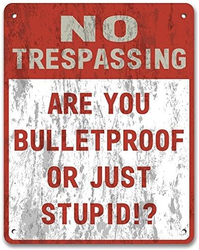 No Trespassing: Are You Bulletproof or Just Stupid!? - Vintage Effect Metal Sign / Plaque