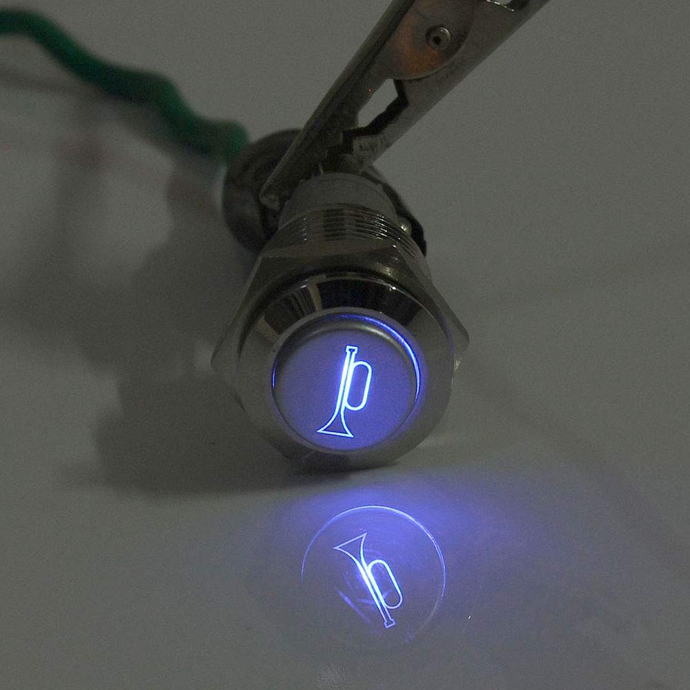 FICBOX 2Pack Momentary Speaker Horn Push Button With Blue LED Light 19mm 12V Car Auto Metal Switch