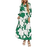 Wenrine Womens Maxi Shirt Dress Casual Floral Collared 3/4 Long Sleeve Drawstring Waist Fall Button Down Dresses