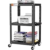 3 Shelf Metal Utility cart - Steel Construction Mobile Presentation Cart Projection Cart with Power Strip - Durable Utility C