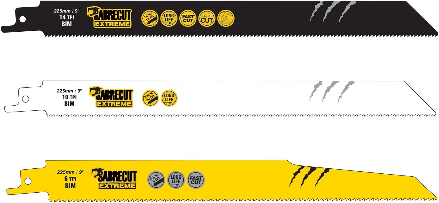 3 x SabreCut SCRSKM3B Mixed 225mm S1110DF S1122HF S1122BF Fast Wood and Metal Cutting Reciprocating Saw Blades