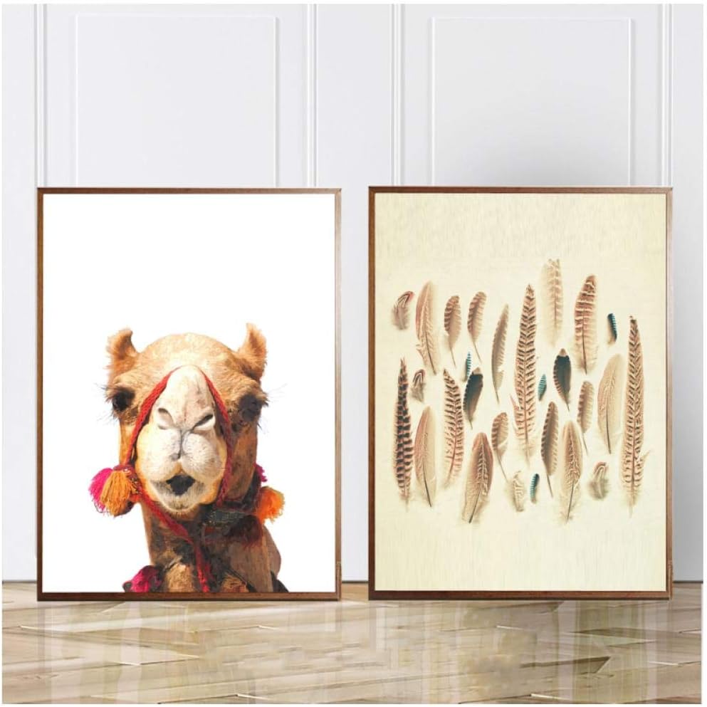 Animal Camel Wall Art Desert Print and Poster Feather Photography Canvas Painting Wall Art Pictures Bohemian Prints Room Decor-50x70cmx2 pcs(no Frame)