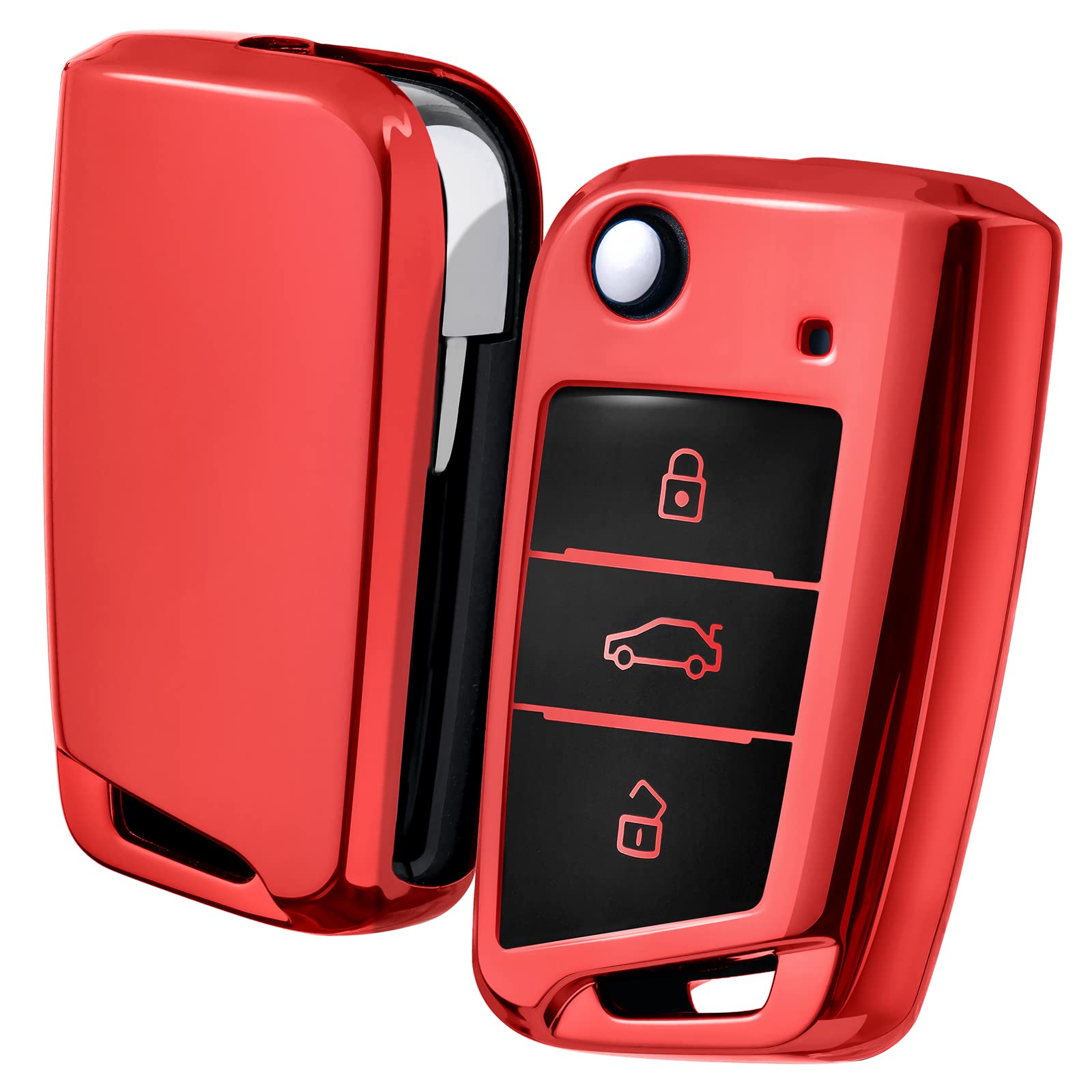 OATSBASF Car Key Cover Compatible with VW,Car Key Case for VW Golf 7 Polo Skoda Seat TPU Silicone 3 Buttons Box (Red)