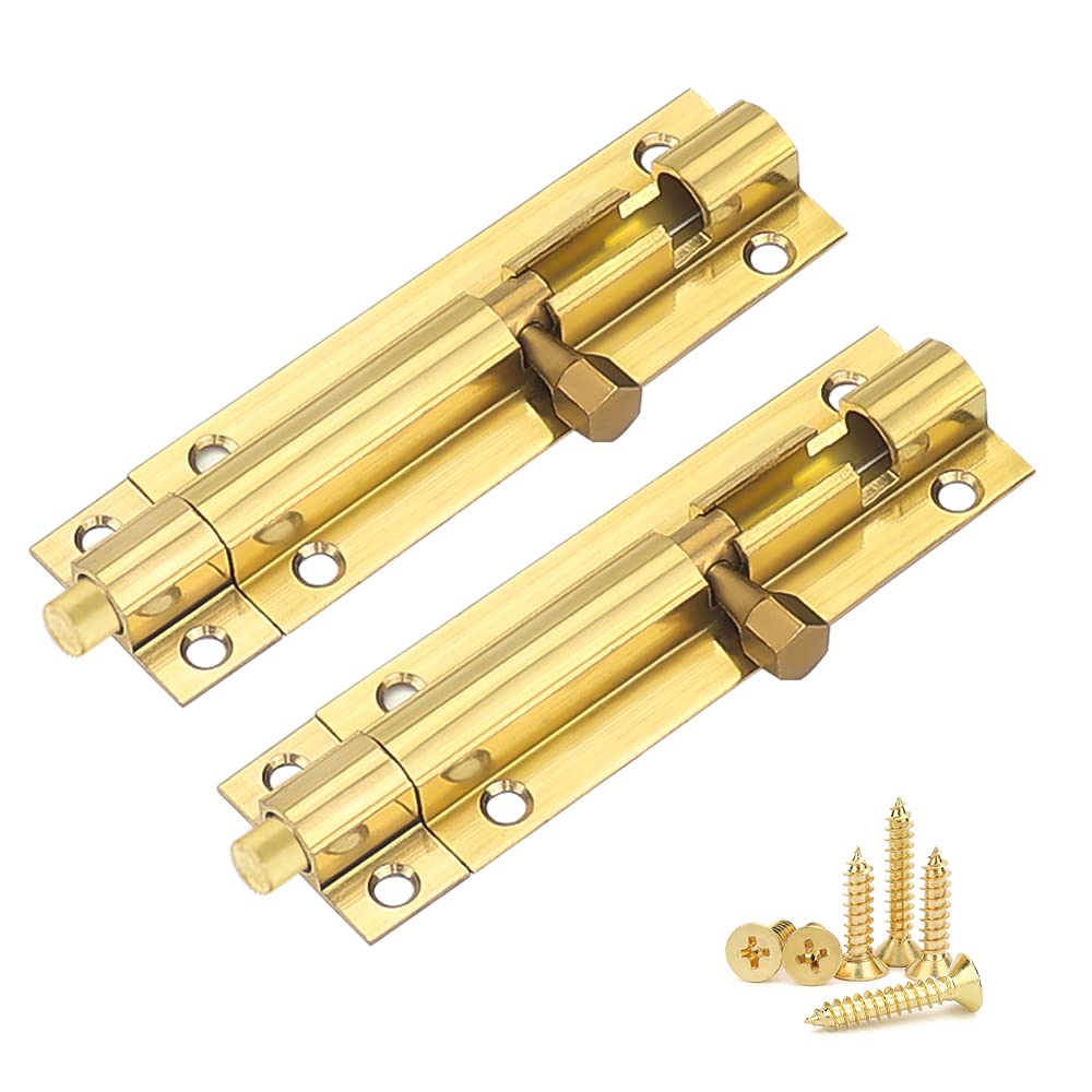 2 Pack Brass Bolt Lock Door Bolts Door Security Slide Latch Lock 3 Inch with Stainless Steel Screws for Bathroom Fences Shed Doors Windows (Gold)