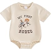 CREAIRY Baby Girl Boy 1st Birthday Outfit My First Rodeo Western Bubble Romper T-Shirt Short Sleeve Bodysuit Summer Clothes