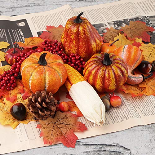 HAKACC Artificial Pumpkins, 19PCS Harvest Fruits with 30PCS Artificial Maple Leaves Fake Pumpkins and Gourds Pine Cones Acorns for Halloween Thanksgiving Decorations