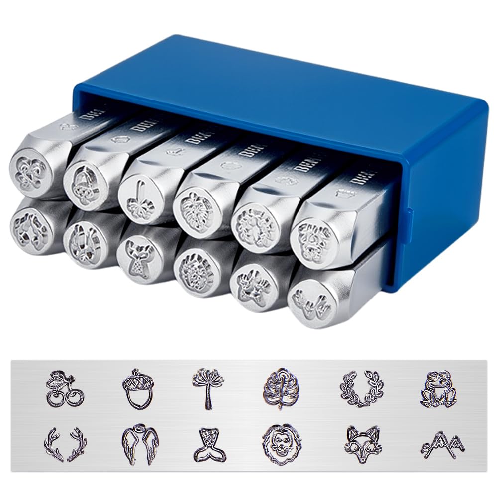 BENECREAT 12 Packs (6mm 1/4") Matte Design Metal Stamp Punches with Tool Case for Jewelry Wood Stamping, Animals and Plants Theme