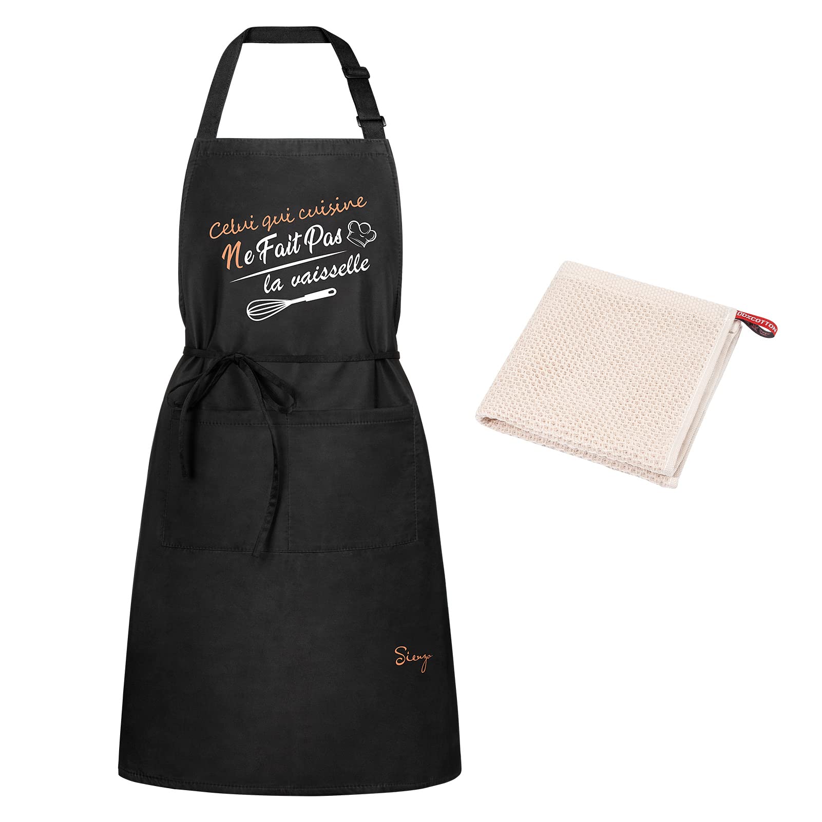 Sienzo Apron for Women Man,Waterproof Cooking Kitchen Apron with Pockets,Black Chef Apron, Adjustable Funny Apron for BBQ Garden Cafe House Painting School(1x Apron+ 1 X Kitchen Towel)