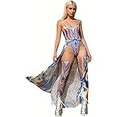 Women's Psychedelic Rave Set – Iridescent 3 Piece Bodysuit with Mesh Split Skirt & Thigh Highs for Festival Party