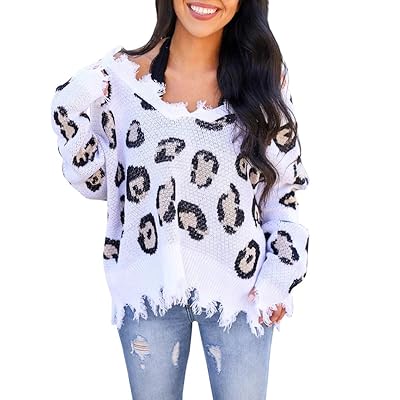 Womens Jumpers White Leopard Print Jumper Animal Print Crew Neck