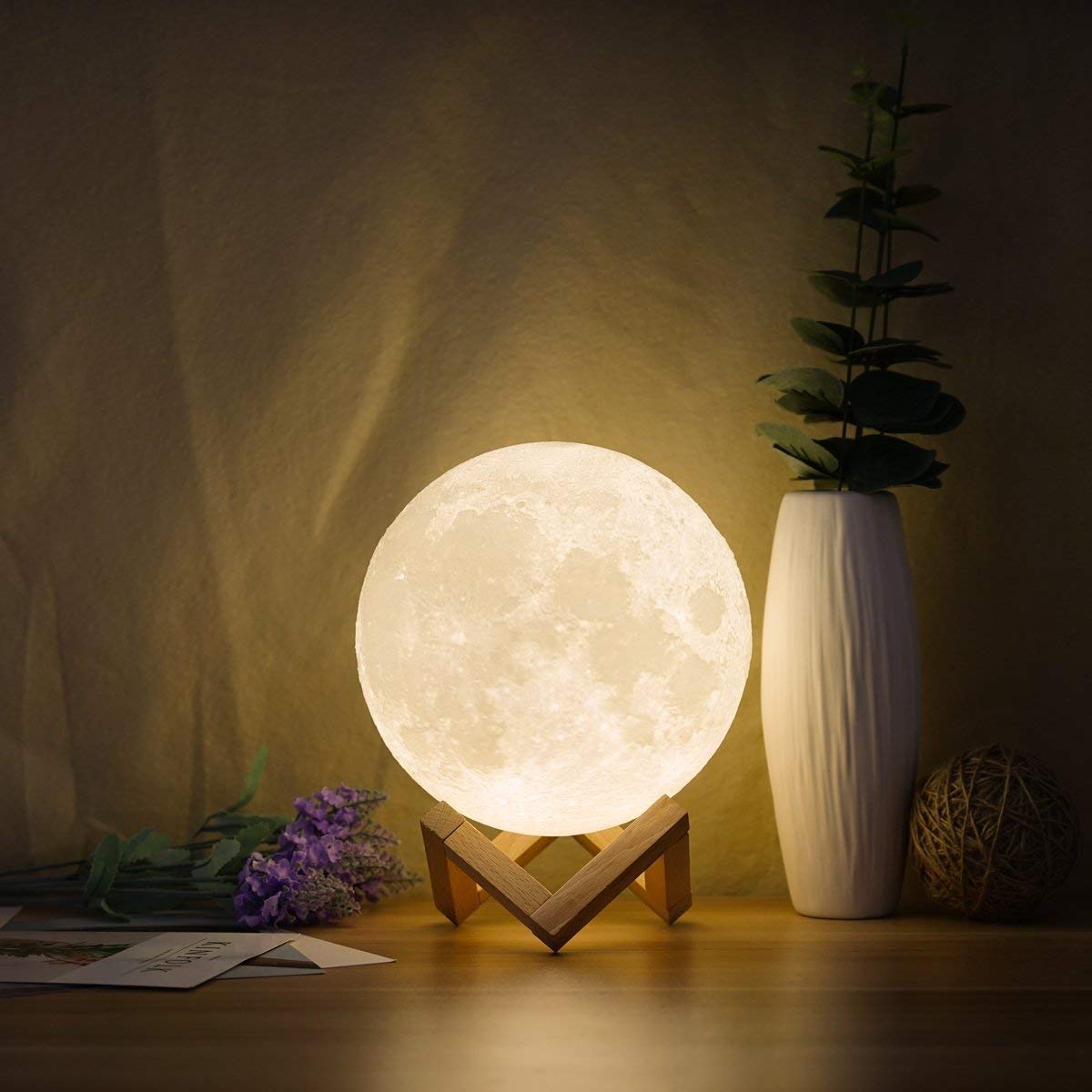 Vinmax Light LED 3D Printing Moon Lamp, Night Warm and Cool White Dimmable Touch Control Brightness with USB Charging, Home Decorative Light with Wooden Base