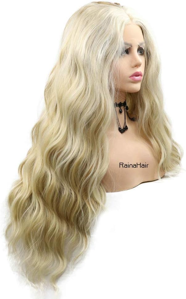 RainaHair 26inches Long Water Wave Lace Front Wig Natural Blonde Highlight Color with Light Brown Synthetic Wigs for Women Cosplay Party Middle Parting Hair - Image 3