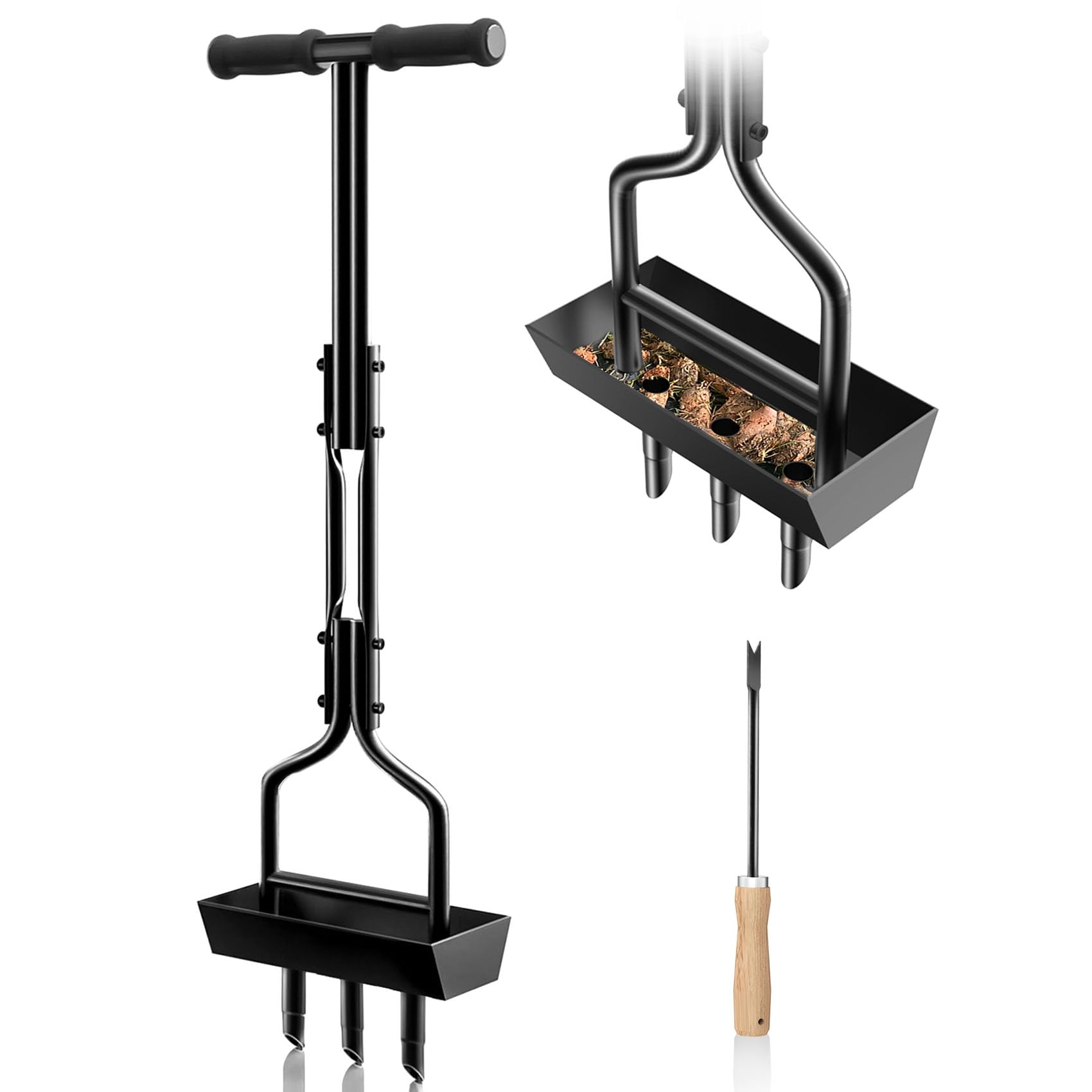 Photo 1 of Manual Lawn Aerator Tool with Soil Storage Basket - 2025 Upgraded Aerator Lawn Tool, 3 Tines Yard Aerators with Cleaning Tool, 38’’ Ergonomic Aeration Tools for Compacted Soil & Lawn Care