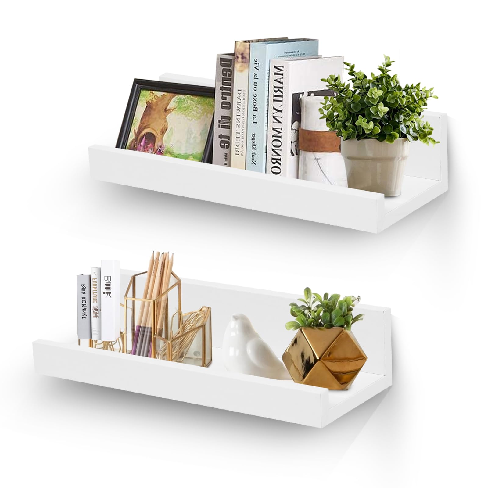 Photo 1 of Muzilife 12" Small Floating Wall Ledge Shelves with Lip - Set of 2 Wood Floating Shelves - White Wall Mounted Picture Ledge for Office, Bathroom, Bedroom, Living Room, Kitchen