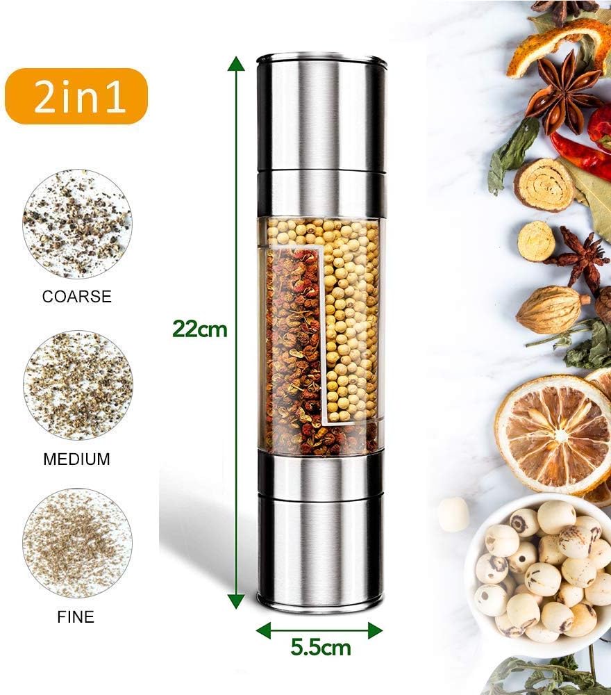 ZGJT Salt and Pepper Grinder, 2 in 1 Manual Salt and Pepper Mills with Double Ended Design, Homemade Spice Grinder,Stainless Steel Head/Transparent Acrylic Body