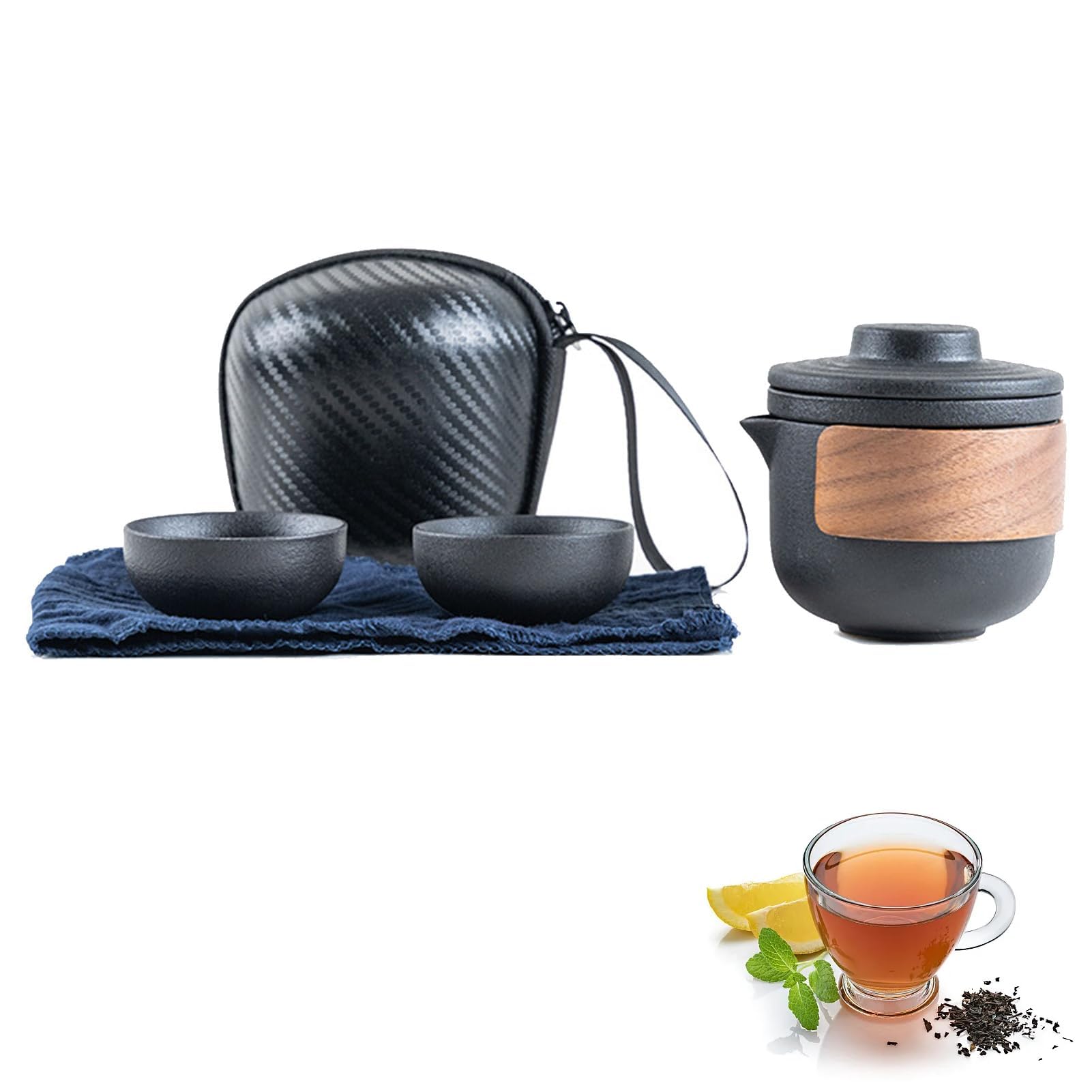 Mini Travel Ceramic Teapot Set, Chinese Kung Fu Teapot, Portable Anti-Burn Travel Tea Set with Tea Infuser, Tea Cups Travel Tea Set with Portable Bag for Outdoor Picnic (Black-2 Cups)