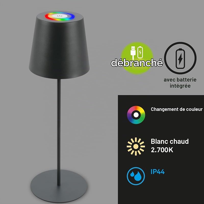 - Lampe de table LED sans fil avec touche, lumière colorée RGB+W, hauteur réglable, lampe LED, lampe de camping, lampe de table, lampe à accu, Outdoor, 36x10,5 cm, anthracite
