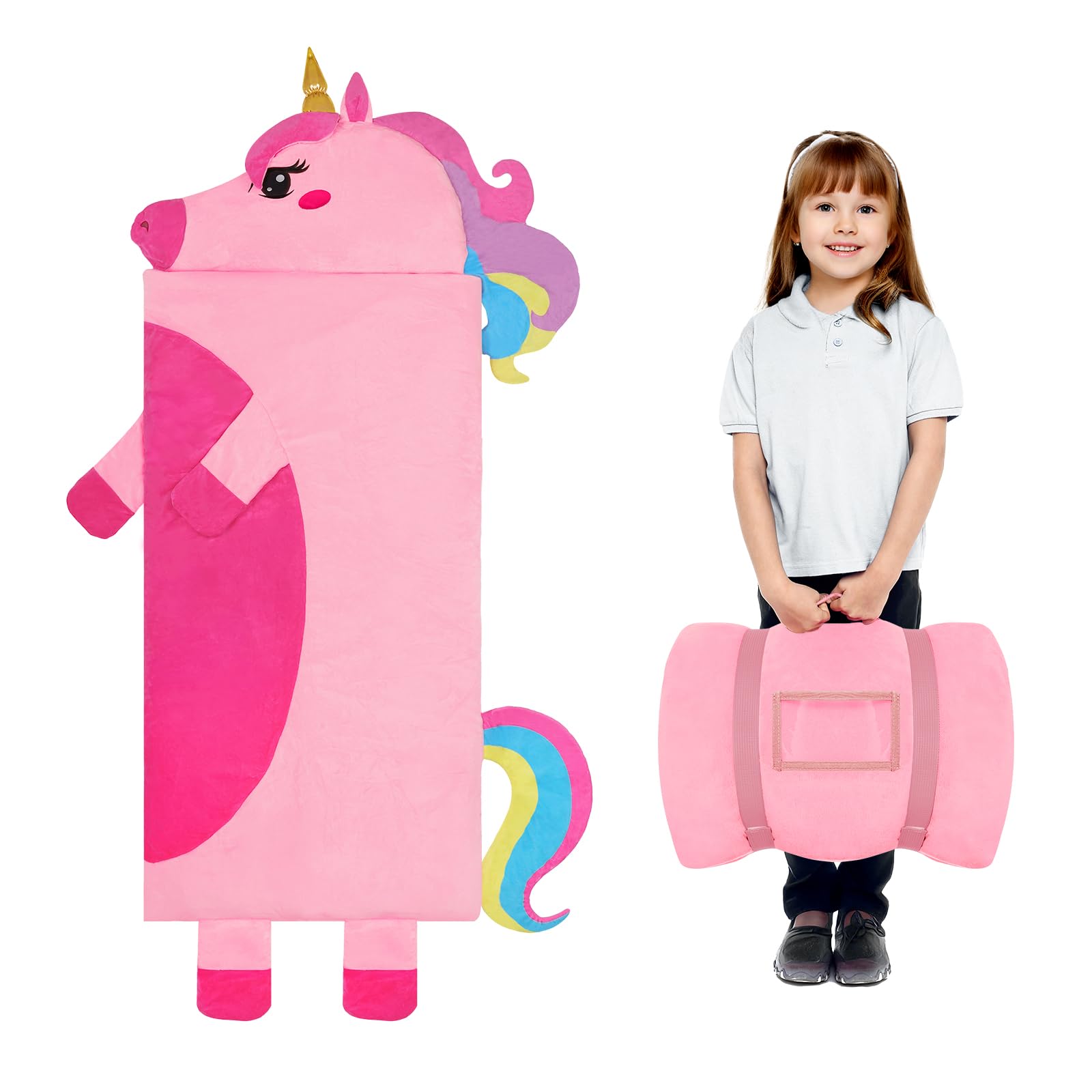 Unicorn Kids Sleeping Bag-Large Nap Mat for Toddlers Girls 170 x 70cm-Pillow, Mat and Blanket All In One-Soft Children Nap Mat for Sleepovers, Camping & Travel