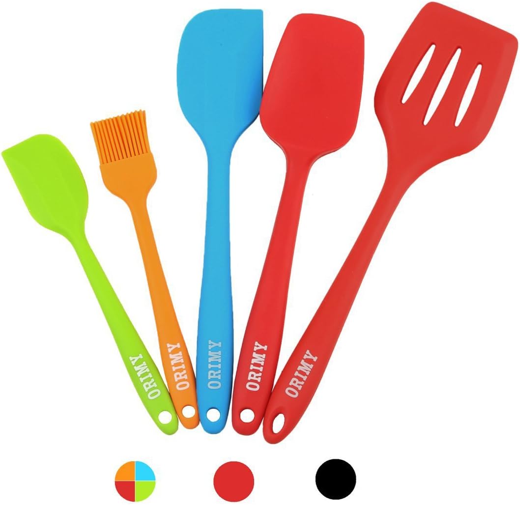 Silicone kitchen utensils set -Non-Stick and 600ºF Heat-Resistant Ergonomic Seamless Design and Dishwasher Safe Silicone Spatula for Baking and Mixing (5-Piece Set, Multicolour)