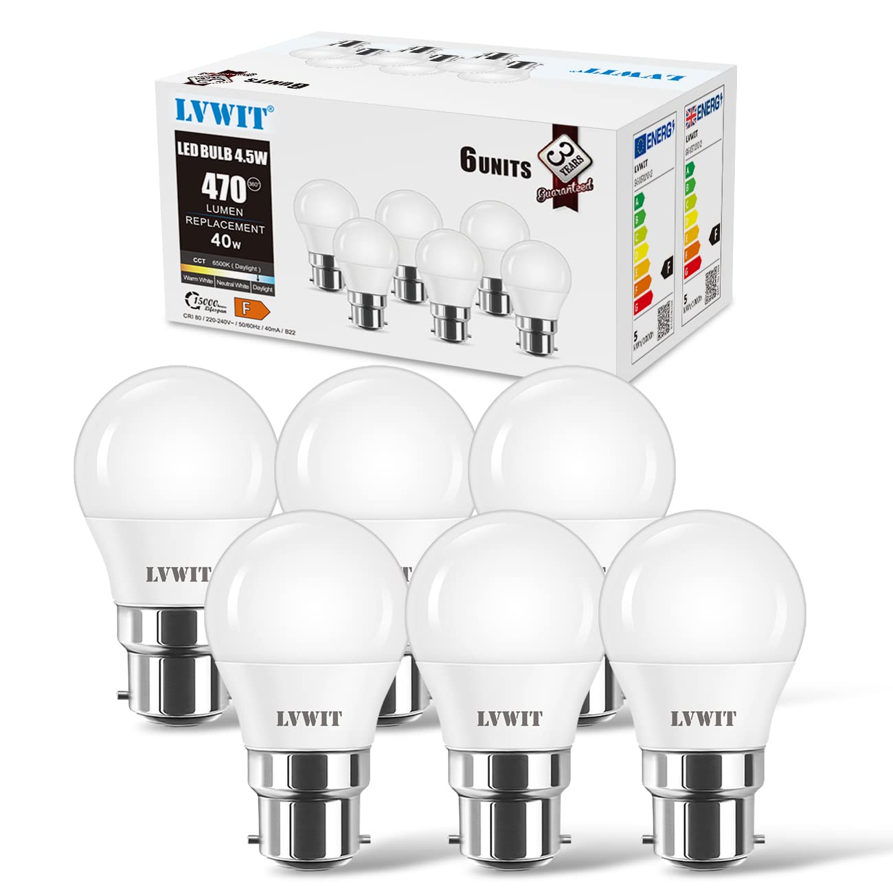 LVWIT Bayonet Light Bulb,40W Equivalent,Cool White 6500K,4.9W 470lm B22 LED Bulb,G45 Golf Ball Energy Saving Light Bulbs,150°Wide Beam,Non-dimmable,Pack of 6