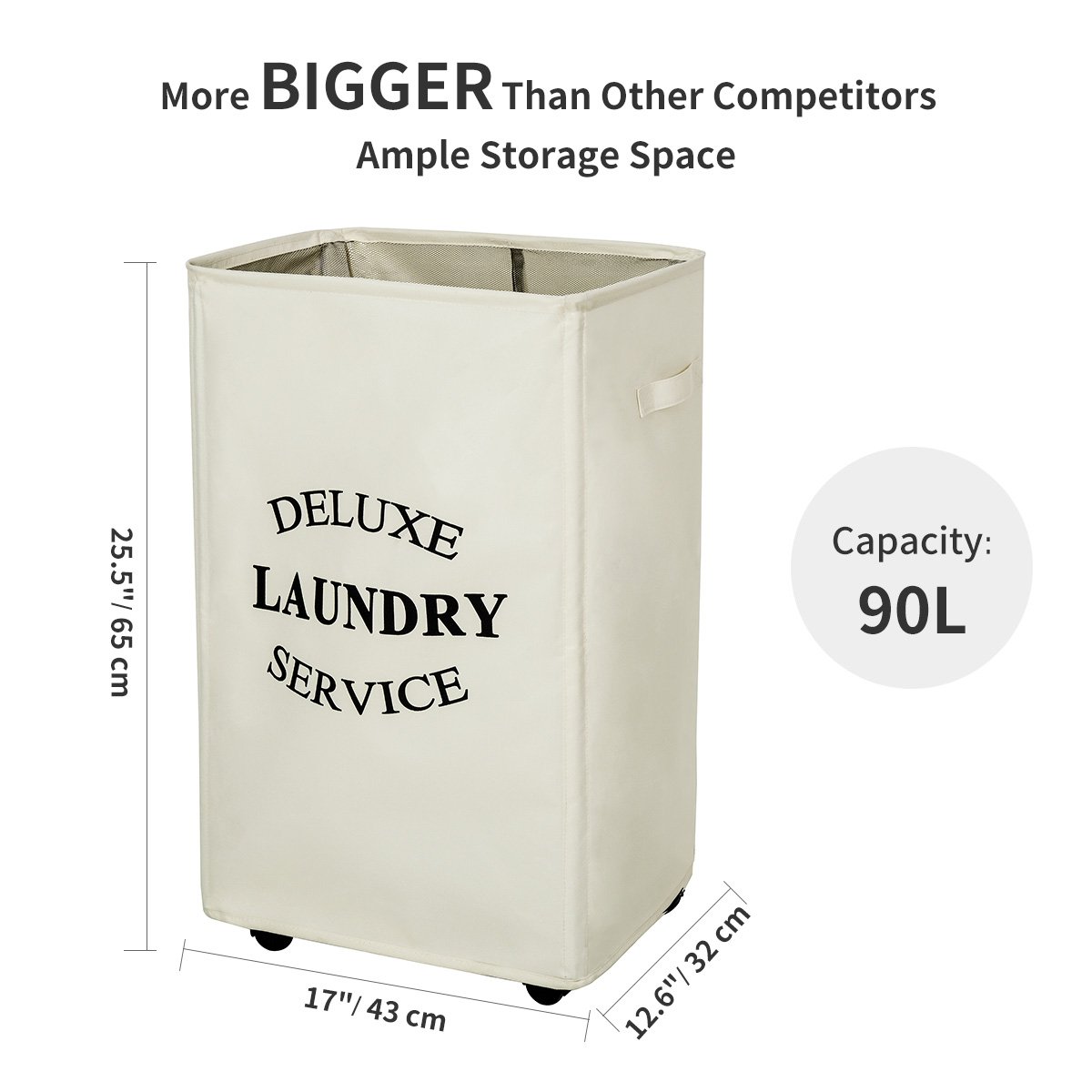 WOWLIVE Large Laundry Basket Hamper Wheels Collapsible Dirty Clothes Bag Durable Rectangular Washing Bin (Beige)