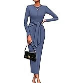 PRETTYGARDEN Women's 2025 Wedding Guest Midi Dresses Semi Formal Long Sleeve Bodycon Tie Waist Cocktail Fall Fashion Clothes