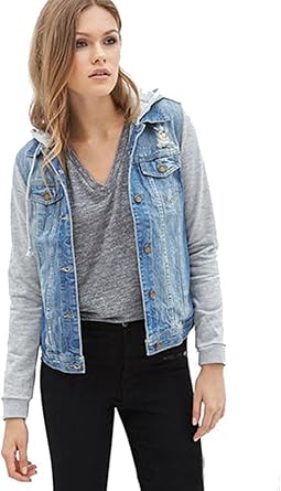 womens denim jacket with grey sleeves and hood