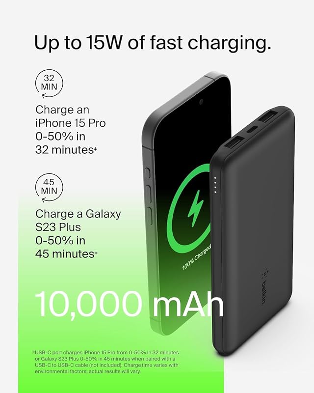 BoostCharge 10000mAh Power Bank mit USB C und USB A Ports – Schwarz
