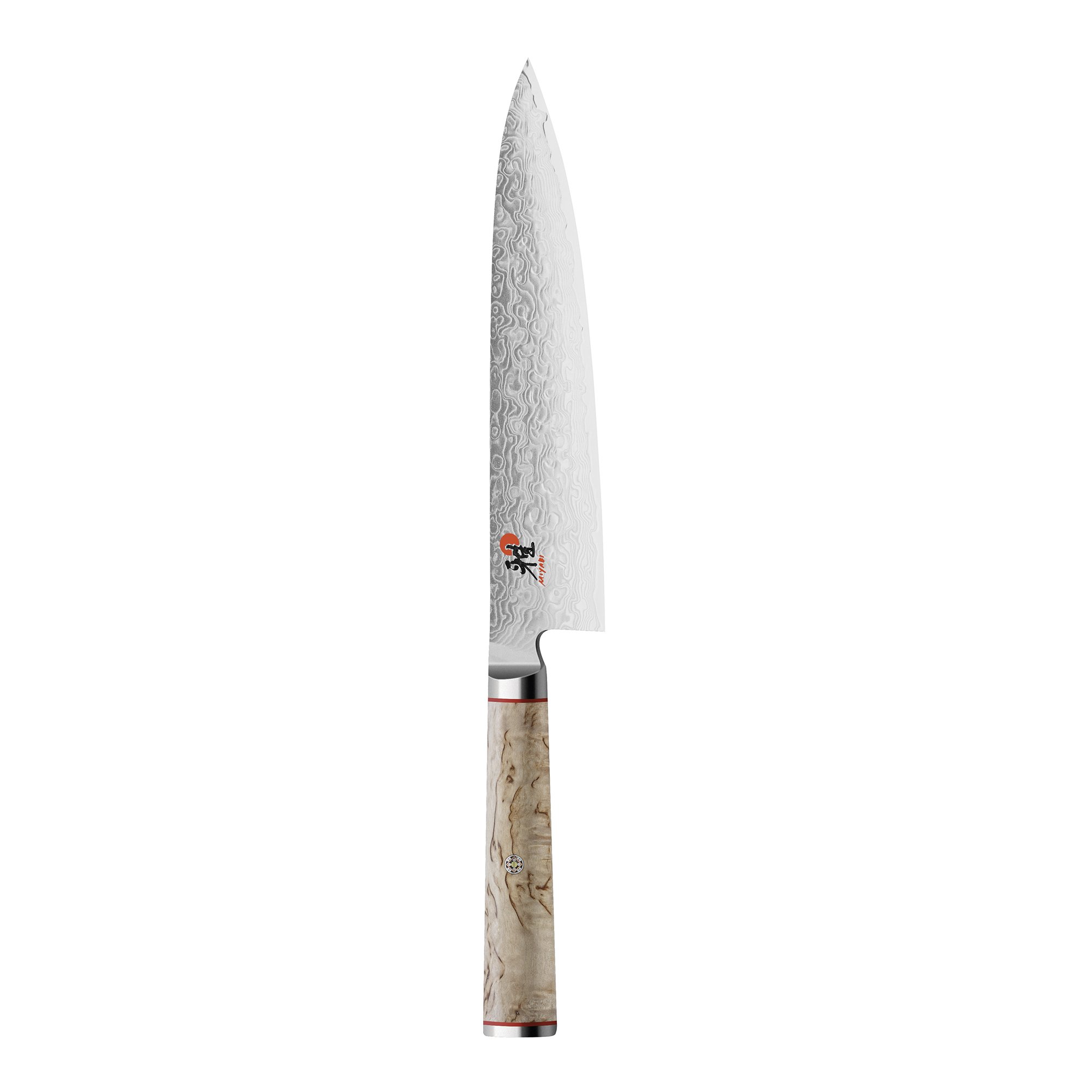 Cuchillo de chef japonés Miyabi Birchwood SG2, 8 pulgadas, cuchillo de cocina de chef, mango de abedul de Carelia, patrón de flores de Damasco de 100 capas, hecho a mano en Seki, Japón