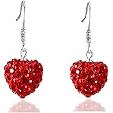 Bellitia Jewelry Red Crystal Love Heart Drop Earrings for Women, 925 Sterling Silver Fashion Dangle Earring Hypoallergenic Hook Earrings