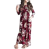 21KIDS Girls Maxi Dress Floral 3/4 Long Sleeve Dresses with Pockets for Girls 6-12 Years