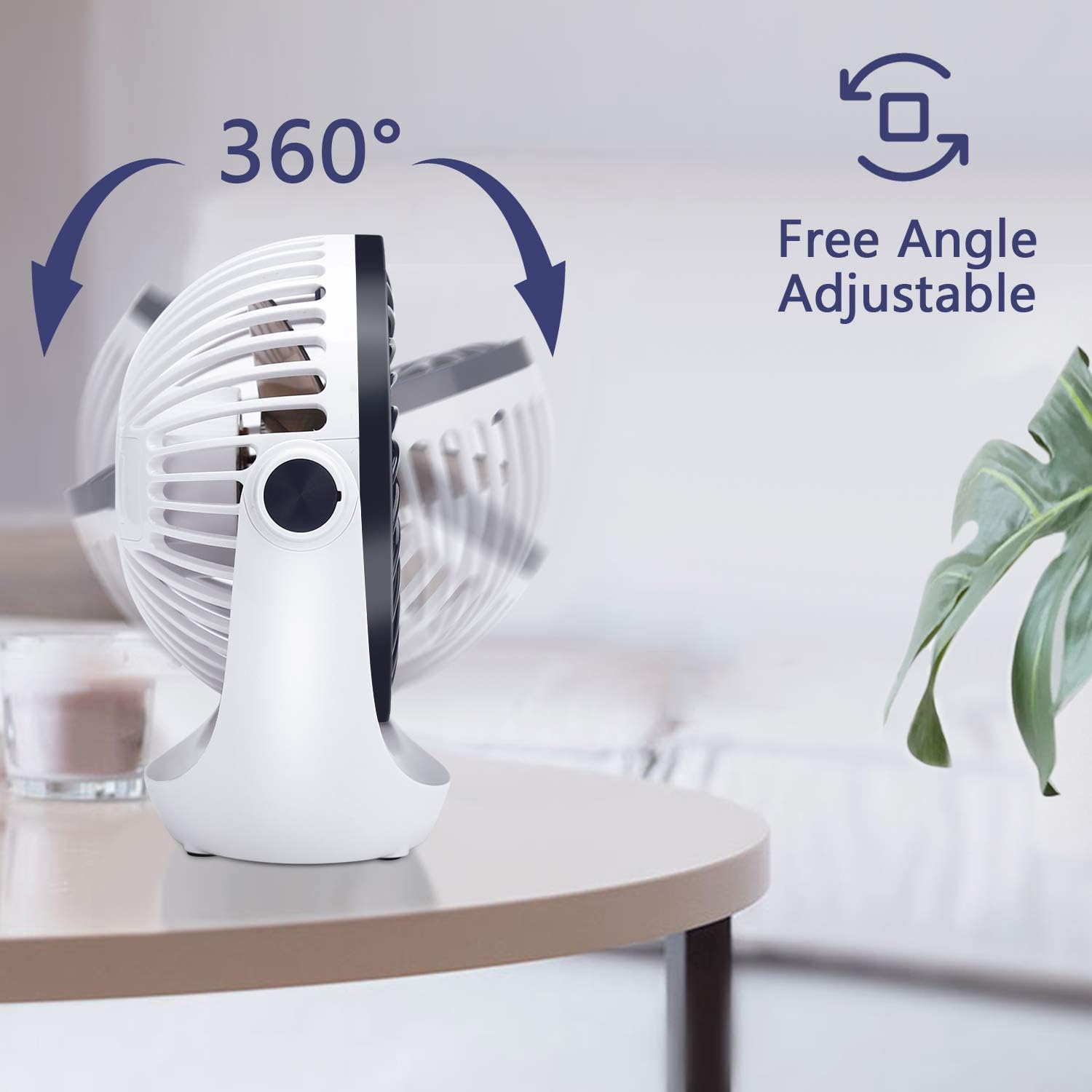 Aluan Desk Fan Small Table Fan with Strong Airflow Rechargeable Battery Operated Portable Fan 3 Speeds Adjustable Head 360°Rotatable Mini Personal Fan for Home Office Bedroom Table and Desktop: Kitchen & Dining