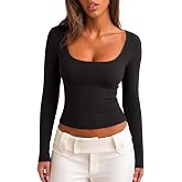 REORIA Womens Basic Square Neck Long Sleeve Shirts Double Lined Tops Tight Shirts Fall Outfits 2025
