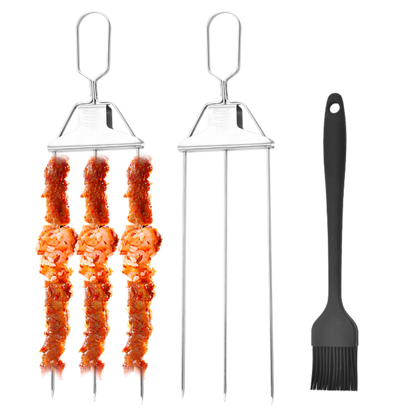GMHLLES 3 Way Grill Skewers,2 Pcs Three Way Grill Skewers, Stainless Steel BBQ Grilling Skewers BBQ Metal Skewer with Smooth Push Bar Slider 3-Prong Grill Kabob Skewer Accessories for Meat Vegetables