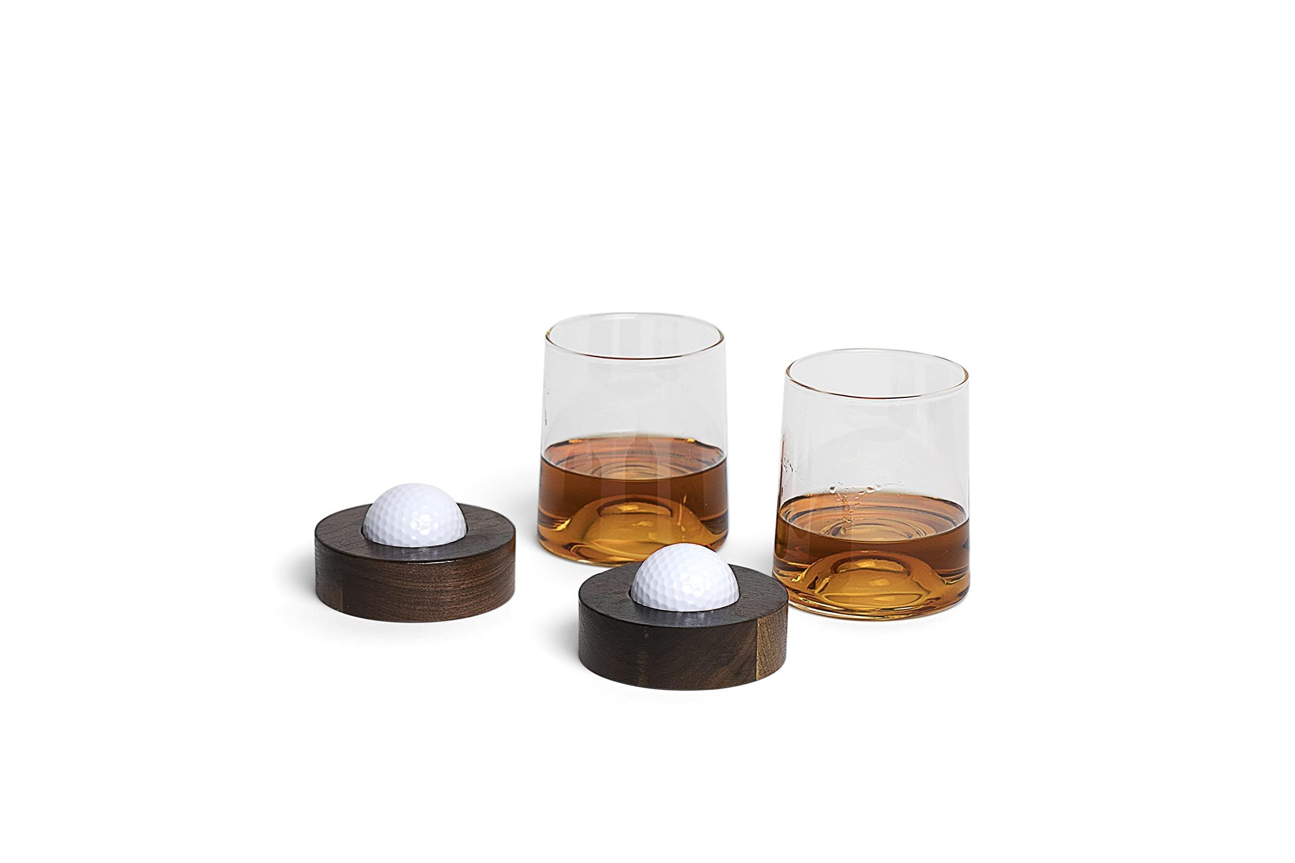 Golf Ball Whiskey Glasses - Set of 2 Glass Cups with Golf Ball Wood Coasters, Unique Funny Gifts for Men & Women, Whisky Shot Glass Gift Set Ideas, Reusable Glasses, Makes Drinking Fun