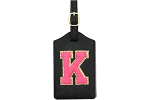 CHOIEO Initial Luggage Tag, PU Leather Luggage Tag, Embroidered Luggage Tag, Letter Luggage Tag, Monogrammed Luggage Tag, Luggage Tag for Baggage Bag Suitcase (K, Black Leather+Rose Red Letter)