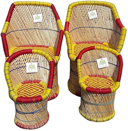 Ecowoodies Coccinea Handicraft Cane / Wooden Breakfast Kitchen Pub High Chair Garage Game Living Room Home Kitchen Counter Indoor/Outdoor Balcony Terrace Chair Cane Furniture Se For Garden Sets (2 Kid Chairs + 2 Chairs)