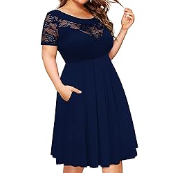 sumoday Plus Size Short Sleeve Lace Boat Neck Midi
