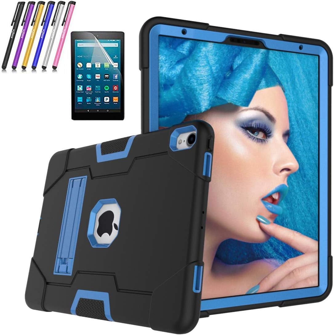 Koolbei New iPad Pro 11 inch case 2018,Heavy-Duty Drop-Proof and Shock-Resistant Rugged Hybrid case with Built-in Stand for iPad Pro 11" case + Screen Protector Film and Stylus Pen (Black+Blue)