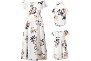 PopReal Mommy and Me Dresses Floral Printed Chiffon Bowknot Ruffles Short Sleeve Beach Mom Daughter Matching Outfits
