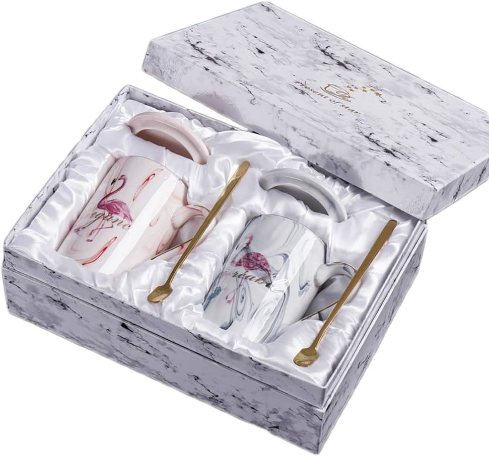 Couples Marble Ceramic Coffee Mug Set,Flamingo Mug Gold Plated Spoon Unique Wedding Gift For Bride and Groom/Wedding/Anniversary-Exquisite Package