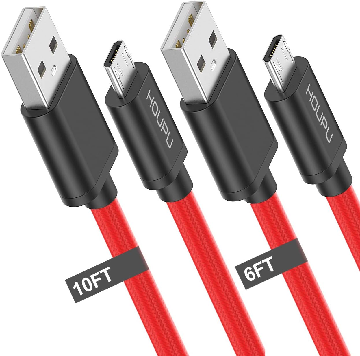 HOUPU [2-Pack 6ft+10ft] Micro USB Cable Nylon Braided, Fast Charger & Sync Data Cord for Android, Kindle Fire, Samsung Galaxy S7 S6 Edge, Note 5/4/ 2, LG G4, HTC, Nokia, Sony, Motorola G5 - Red