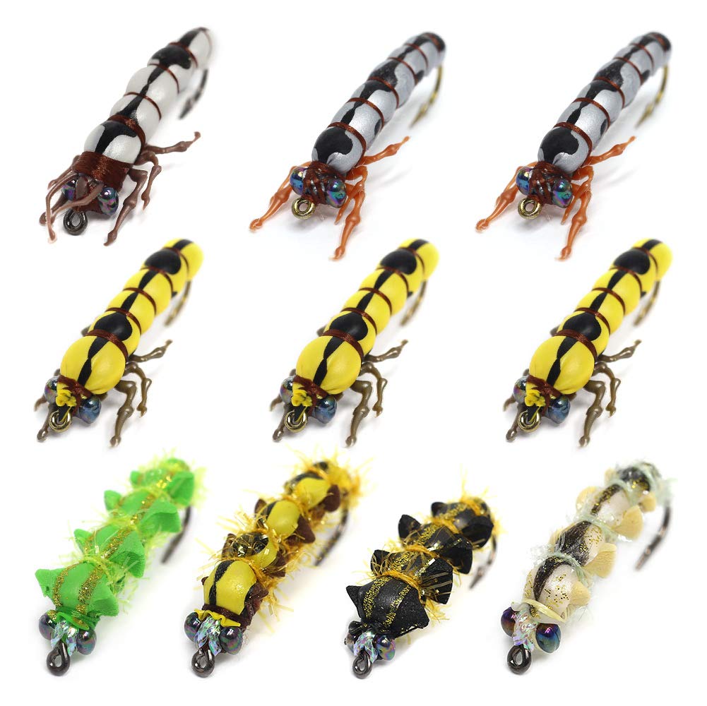 Premium Realistic Flies Terrestrials Selection Cricket Grasshopper Beetle Bumble Wasp Ladybug Fly Fishing Dry Wet Set for Trout Salmon (Larvae Set of 10 Flies)