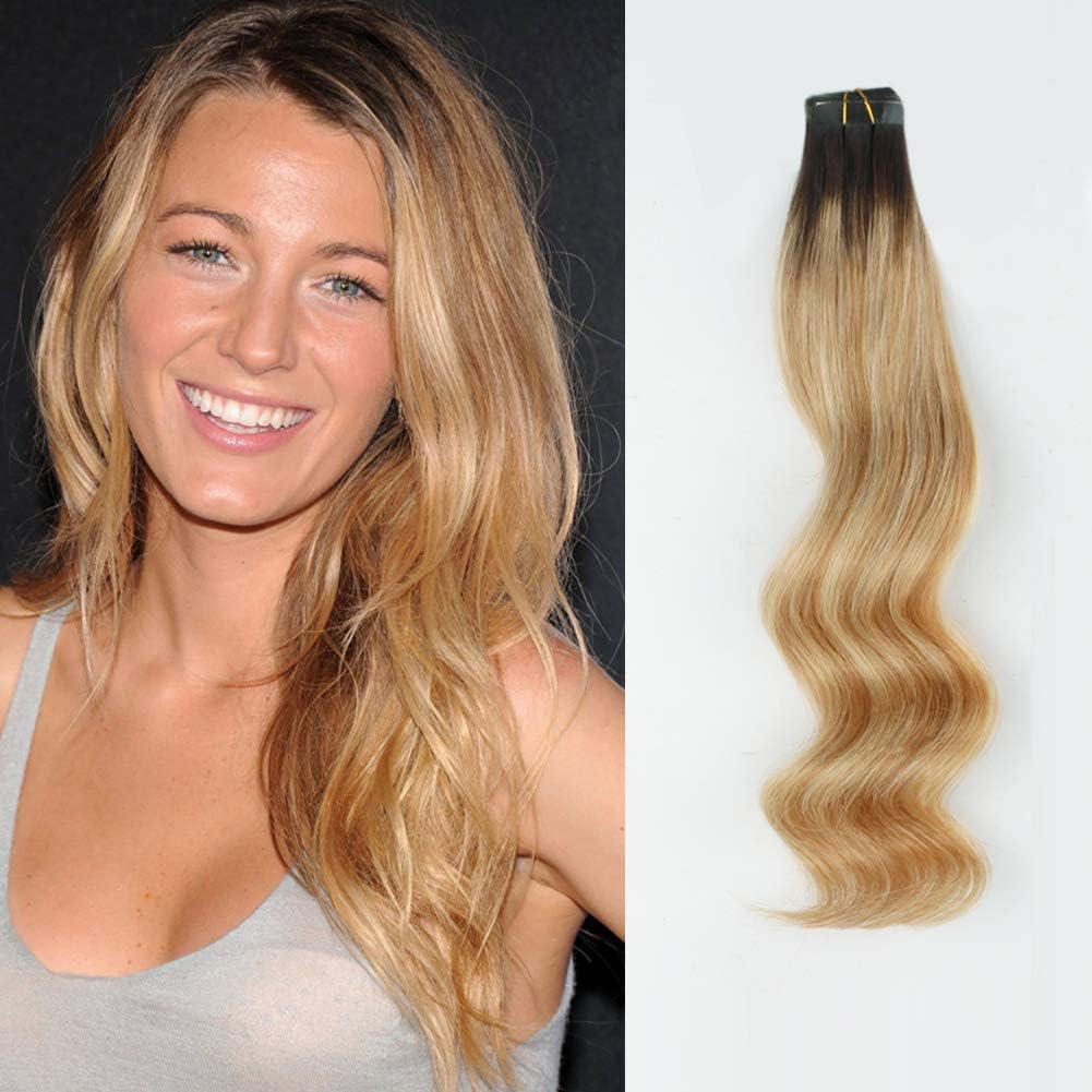 ABH AmazingBeauty Hair Semi-permanent Double Sided Rooted Highlights tape extensions, Real Remy Human Hair, 20 Pieces, 50 Grams, Caramel Blonde-Beach Blonde with Darkest Brown Root R2-27-613, 18 Inch