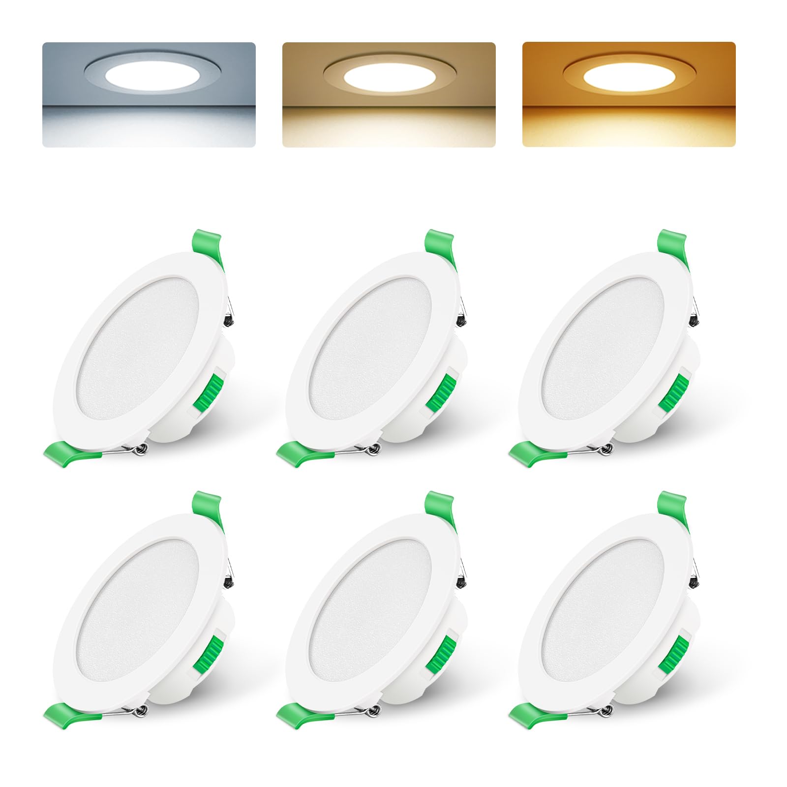 ALUSSO LED Downlights Ceiling 7W Ultra Slim Dimmable Recessed Ceiling Lights IP44 Spotlights for Bathroom, 3000K Warm White 4000K Neutral White 6500K Cool White Adjustable, Round White 6 Pack