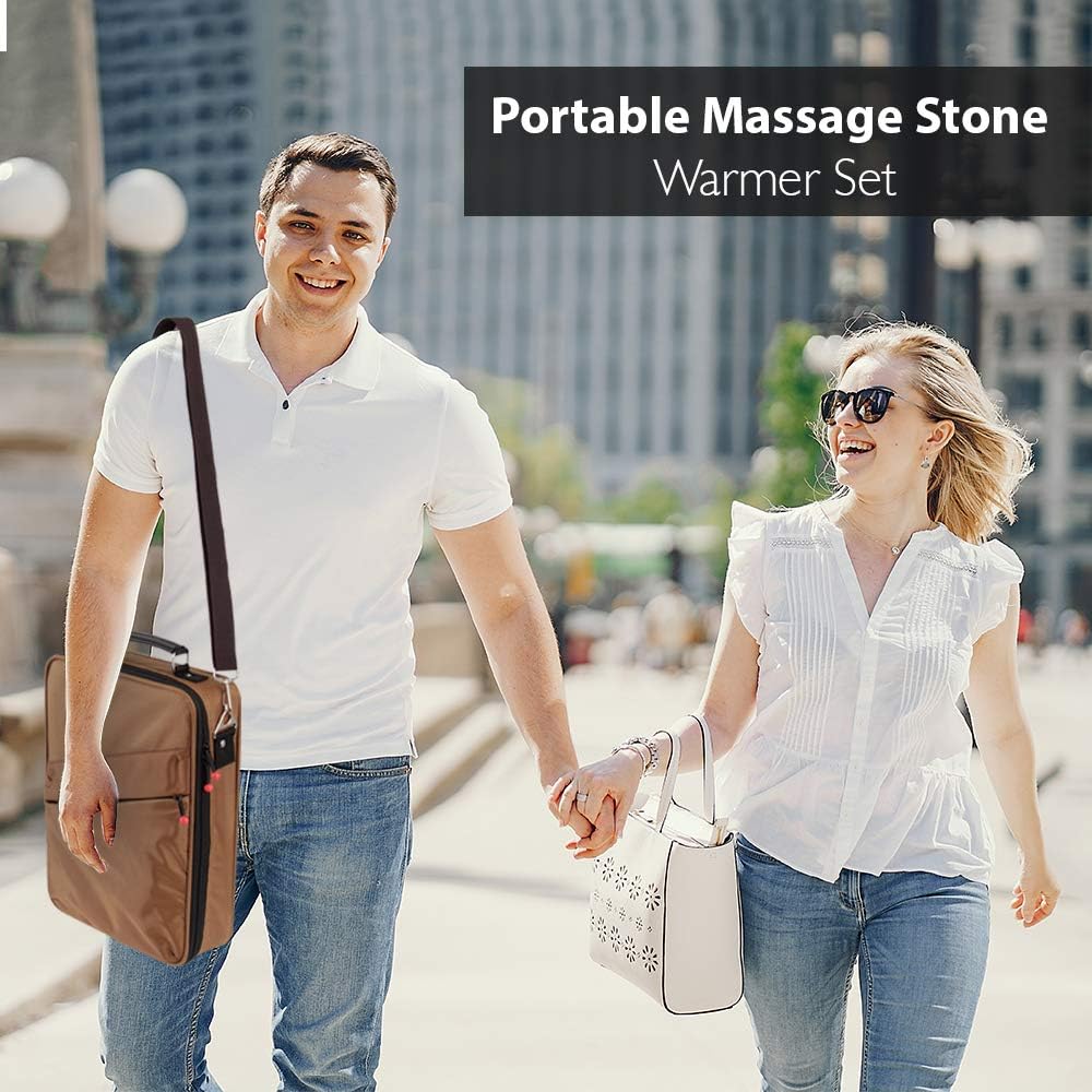 Portable Massage Stone Warmer Set - Electric Spa Hot Stones Massager Heater Kit 6 Large 6 Small Round Shaped Basalt Massaging Rocks, Digital Controller Heating Bag - SereneLife PSLMSGST40